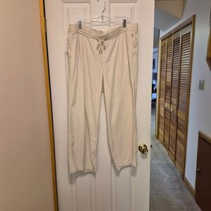 Old Navy Womens XL Linen Blend Wide Leg Pants Oatmeal Beige Drawstring Relaxed